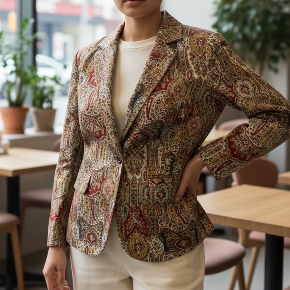 DKNY Women's Red and Cream Patterned Blazer - Picture 3 of 6